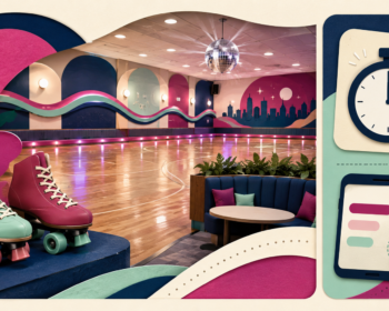 Piste de roller dance colorée, patins, musique et zones de sécurité avec un panneau de jeu très discret.
