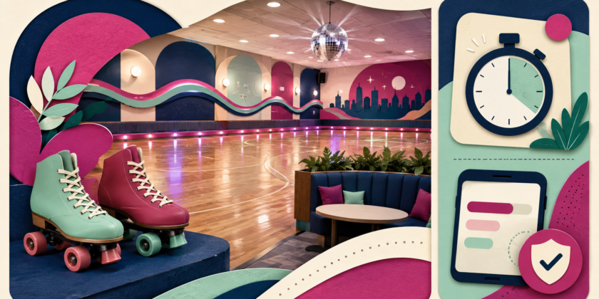 Piste de roller dance colorée, patins, musique et zones de sécurité avec un panneau de jeu très discret.